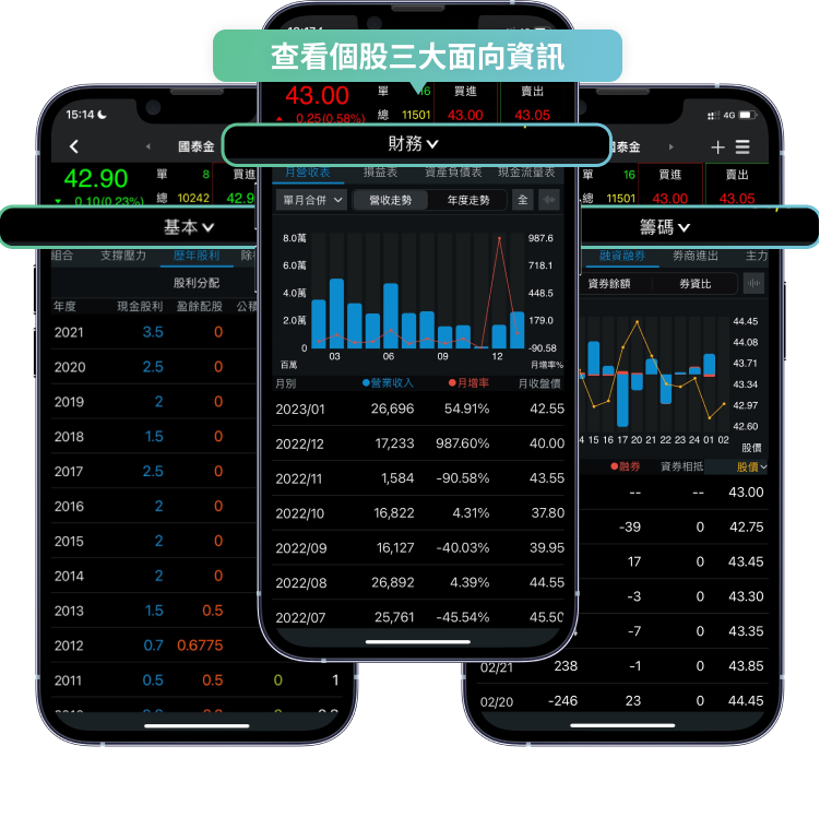 針對個股的籌碼、財務、基本三大面向揭露資訊